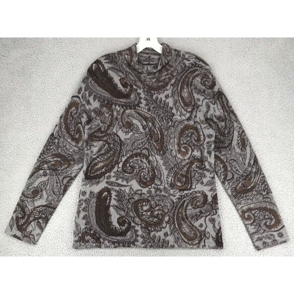 Escapade Mock Neck Pullover Sweater Women Size‎ L Cashmere Blend Paisley on Gray